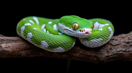 Fototapeta premium Close-up of a vibrant green snake coiled on a branch