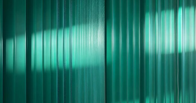 Close-up view of a green polycarbonate sheet wall illuminated for interior division. Turquoise frosted glass polycarbonate sheet texture. Transparent material referred to as surface.