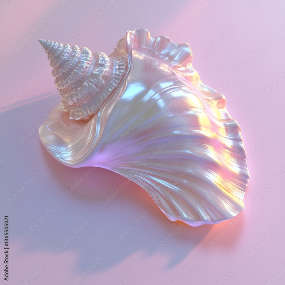 Poster realistic 3d seashell with pearlescent glow on soft background