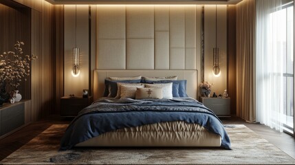 Chic, contemporary bedroom in beige and blue, styled with a textured bedspread, sculptural decor, and warm lighting.