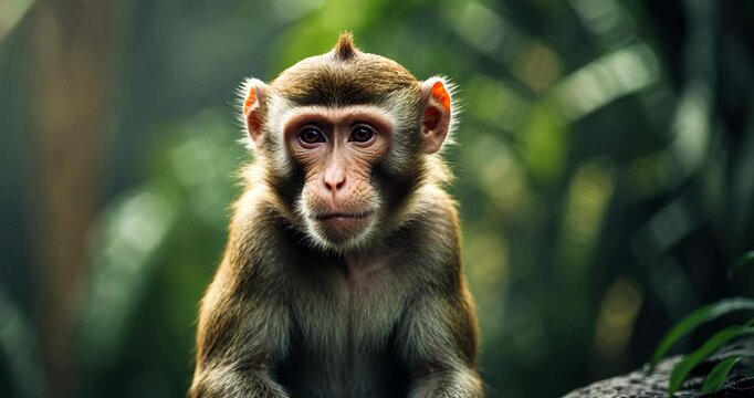 Close-up of a monkey gazing ahead. Monkey positioned against the backdrop.