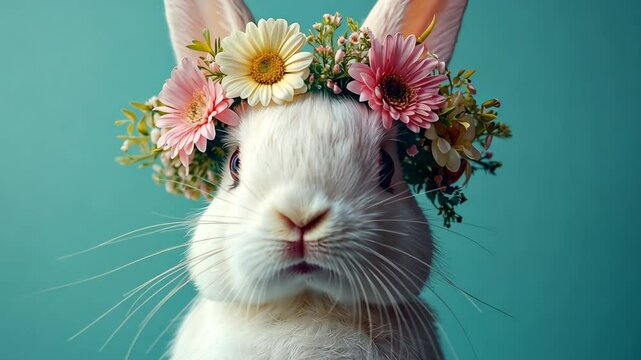 cute white bunny with a wreath of flowers on his head on a green background