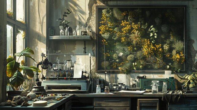 Conservation of Cooksonia First Vascular Land Plant of Silurian Era Depict dramatic scene showing laboratory recreated model of Cooksonia world first land plant while researcher study fossilized