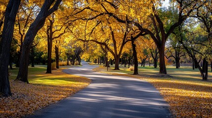 Fototapeta premium Scenic Autumn Road Golden Leaves and Sunlight on a Winding Path through a Park