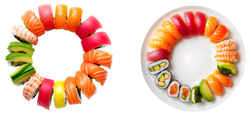 A plate of colorful sushi rolls arranged in the shape of an arch isolated on a transparent background PNG