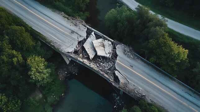 Aerial View of a Collapsed Bridge Over a River