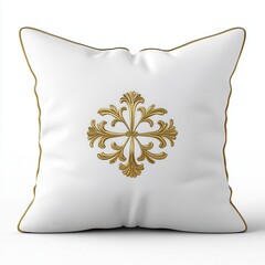 Elegant White Throw Pillow with Gold Embroidered Floral Design for Luxurious Home Decor
