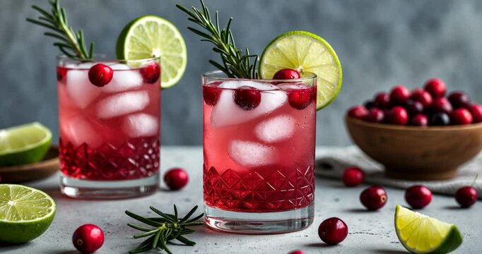 Cold season beverage - cocktail with cranberry and rosemary, empty space