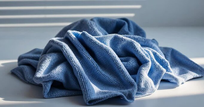 Clean blue microfiber cloth against a white backdrop, closeup.