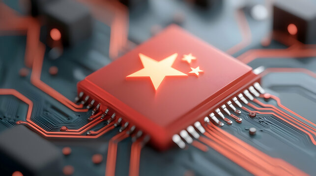 Close Up Red Microchip with Chinese Flag on Circuit Board