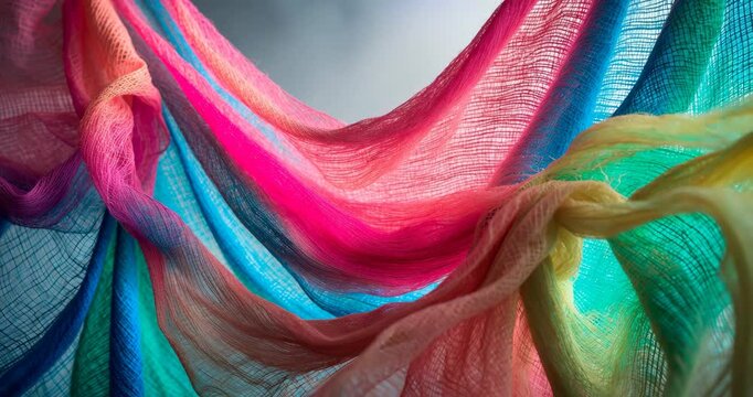 Vividly colored fabric with a loose weave that has been dyed.