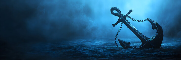A moody and mysterious image of a pirate ship's anchor sinking into the dark ocean depths wide banner, blue background