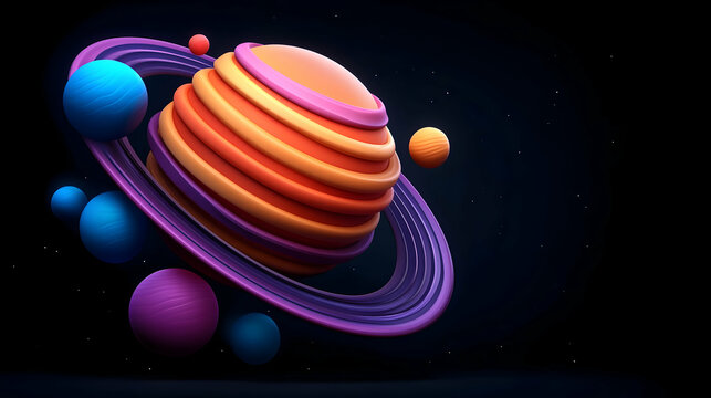 Colorful 3D Render of a Planet with Rings and Moons in Space