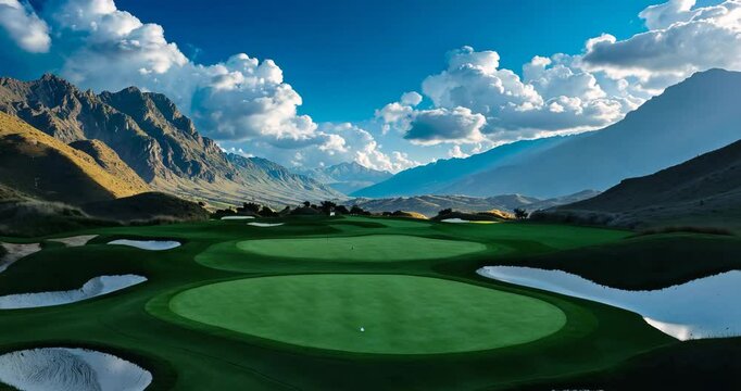 A breathtaking sight of a golf course with magnificent mountains and a clear blue sky in the background, highlighting the natural beauty and tranquil atmosphere ideal for a day on the greens.
