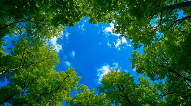 A view of a blue sky through the trees of a forest