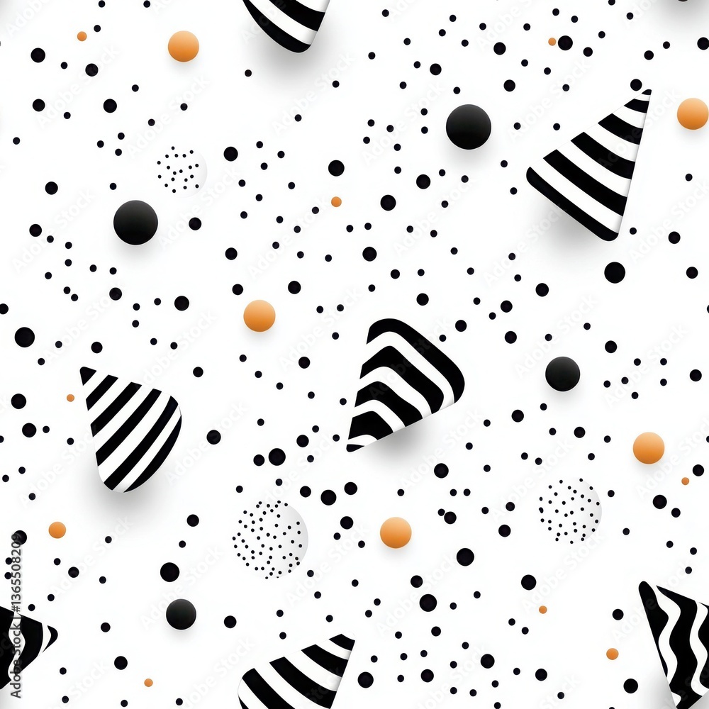 Poster abstract pattern of black and white geometric shapes with orange dots on a light background