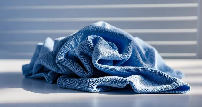 Clean blue microfiber cloth placed on a white background, close-up.