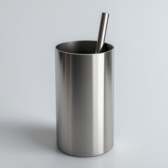 Brushed Stainless Steel Cylindrical Container with Metal Straw for Modern Bathroom Design
