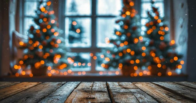 Christmas backdrop table with empty space for text on blurred decorated icy window interior
