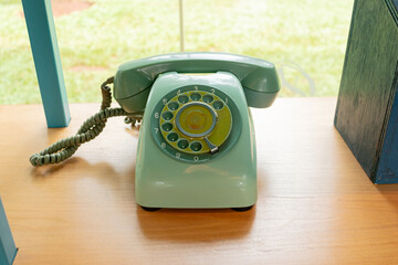 Retro green telephone with garden background. After edits.