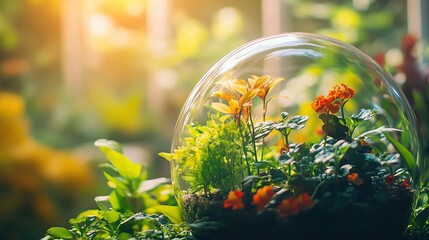Vibrant Globe Terrarium with Lush Greenery and Flowers, Celebrating Earth Day and Eco-Friendly Living
