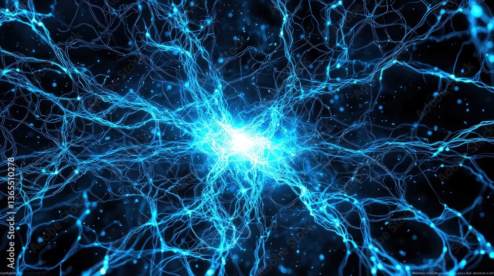 Poster a vibrant, abstract image depicting interconnected blue neural pathways against a dark background, s