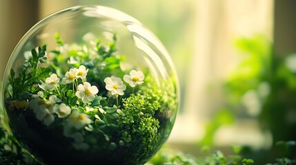 Vibrant Globe Terrarium with Lush Greenery and Flowers, Celebrating Earth Day and Eco-Friendly Living
