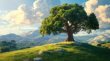 Majestic Oak Tree on a Sunlit Hill in Scenic Mountain Landscape