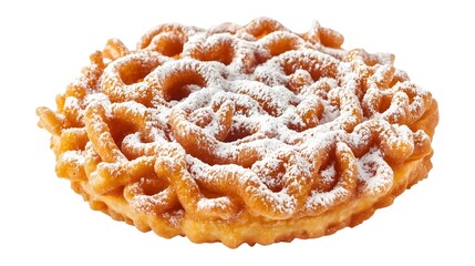 Golden brown funnel cake dusted with powdered sugar. Deep-fried and crispy, this sweet treat has a lacy texture and is commonly served at fairs or carnivals.