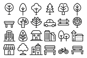 green city editable stroke outline icons set 