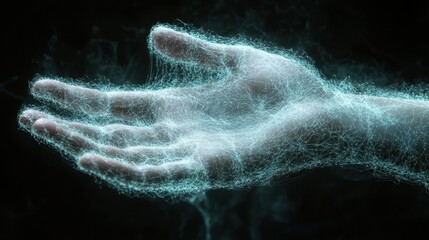Glowing hand reaching, dark background, energy concept, website banner