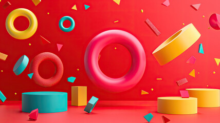 Obraz premium Colorful 3D shapes floating on vibrant red background