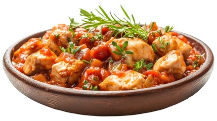 Fototapeta premium Chicken pieces cooked in rich tomato sauce with herbs and vegetables, served in a rustic wooden bowl, showing texture and freshness.