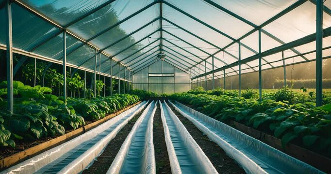 Beautiful greenhouse framework and azure sky featuring interior garden rows and white fabric hoop tunnels. Natural light and absence of people with green plants and foliage, field observable outside.