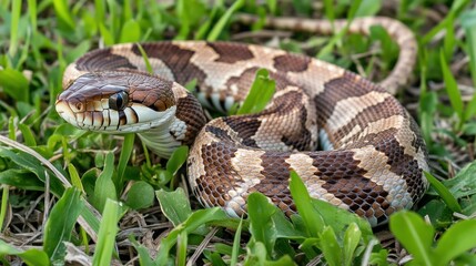 Fototapeta premium A snake coiled in grass.