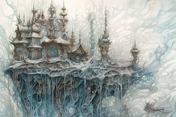 Obraz premium 3D rendering of a fantasy castle in winter with snow and icicles,.Generative AI