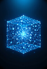 Glowing blue cube composed of interconnected lines and dots radiates light from its core. The background features a deep dark color, enhancing the futuristic appearance and depth of the structure