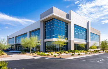 Modern commercial building with large glass windows surrounded by desert landscaping and clear skies