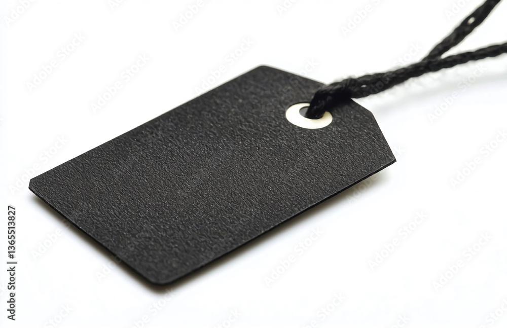 Poster a close up shot of a black rectangular tag with string on a white surface in a studio setting