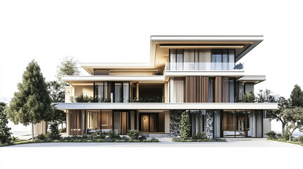Fototapeta premium Modern residential house with large windows and greenery