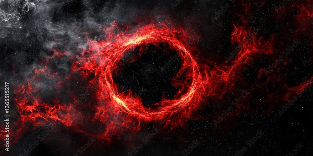 Poster glowing red abstract ring with electric particle light effects in a hologram circle on a black backg