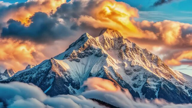 Sunset rays glide over the snow-capped peaks of high mountains, light and shadow