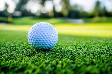 Obraz premium Golf ball resting on green grass in a serene golf course showcasing a tranquil outdoor setting