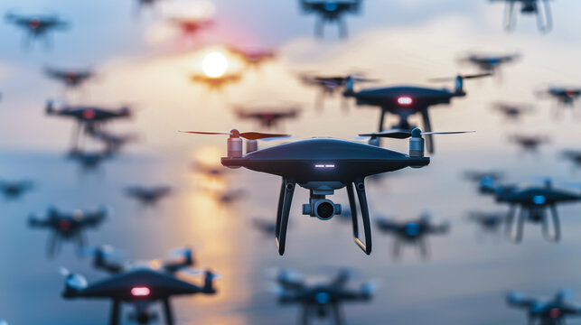 Multiple drones flying in formation at sunset
