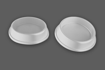 Pet bowl mockup front and top view. Blank plastic or metal plate for animal feed isolated on dark background. Crockery plate design for cat or dog food, Realistic minimalistic 3d rendering, mock up.