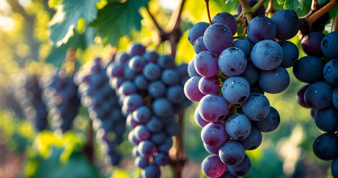 Close-up of blue grapes in a vineyard illuminated by sunlight. Grape cultivation and winemaking design banner.