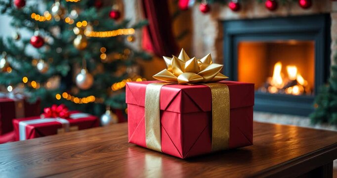 Close-up image of a red gift box on a wooden table in front of a fireplace and tree.