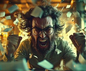 Frustrated office worker overwhelmed by stress, throwing papers in the air. Expressive face shows anger and burnout in a chaotic workplace moment of tension.