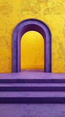 A vibrant, stylized archway entrance with steps leading to a bright interior space, against a textured yellow wall.