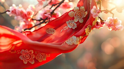 Red Scarf with Golden Embroidery on Cherry Blossom Branch, Symbolizing Youth and Renewal in Spring
